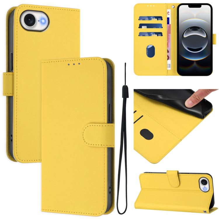 For iPhone 16e Skin Feel Solid Color Leather Phone Case with Lanyard(Lemon Yellow) - iPhone 16e Cases by buy2fix | Online Shopping UK | buy2fix