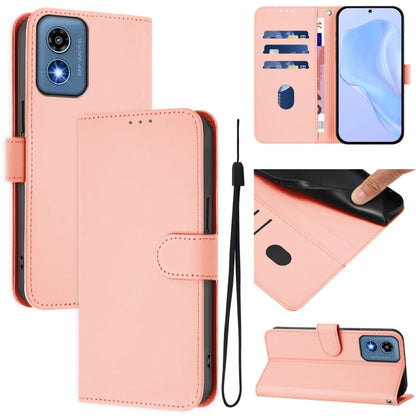 For Motorola Moto G Play 5G 2024 Global Skin Feel Solid Color Leather Phone Case with Lanyard(Pink) by buy2fix