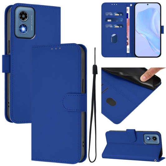 For Motorola Moto G Play 5G 2024 Global Skin Feel Solid Color Leather Phone Case with Lanyard(Dark Blue) by buy2fix