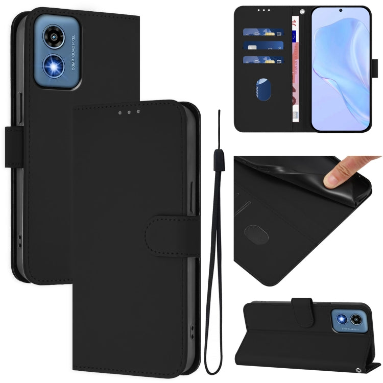 For Motorola Moto G Play 5G 2024 Global Skin Feel Solid Color Leather Phone Case with Lanyard(Black) by buy2fix