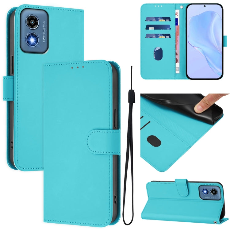 For Motorola Moto G Play 5G 2024 Global Skin Feel Solid Color Leather Phone Case with Lanyard(Lake Blue) by buy2fix