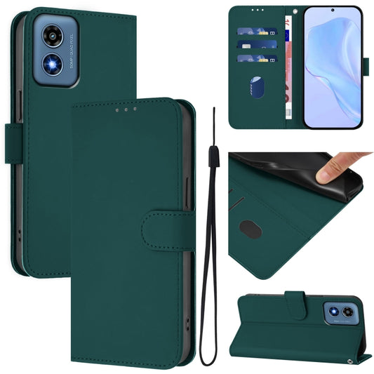 For Motorola Moto G Play 4G 2024 Global Skin Feel Solid Color Leather Phone Case with Lanyard(Dark Green) by buy2fix