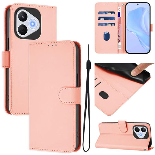 For Honor 400 Lite Global Skin Feel Solid Color Leather Phone Case with Lanyard(Pink)
