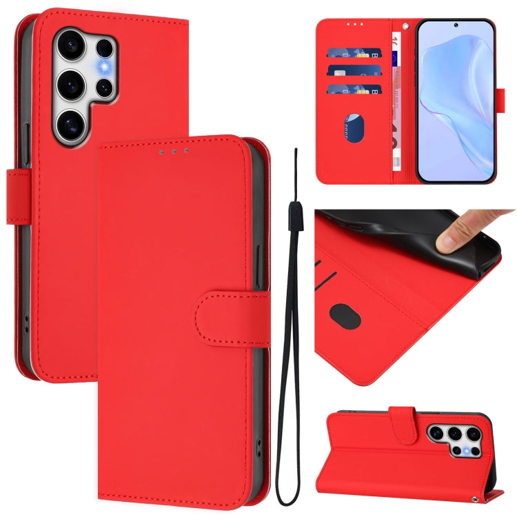 For Samsung Galaxy S25 Ultra 5G Skin Feel Solid Color Leather Phone Case with Lanyard(Red) - Galaxy S25 Ultra 5G Cases by buy2fix | Online Shopping UK | buy2fix