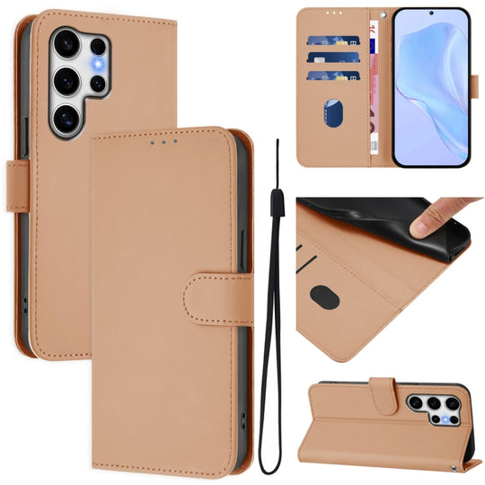 For Samsung Galaxy S25 Ultra 5G Skin Feel Solid Color Leather Phone Case with Lanyard(Nude)