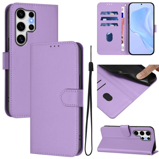 For Samsung Galaxy S25 Ultra 5G Skin Feel Solid Color Leather Phone Case with Lanyard(Lavender Purple)