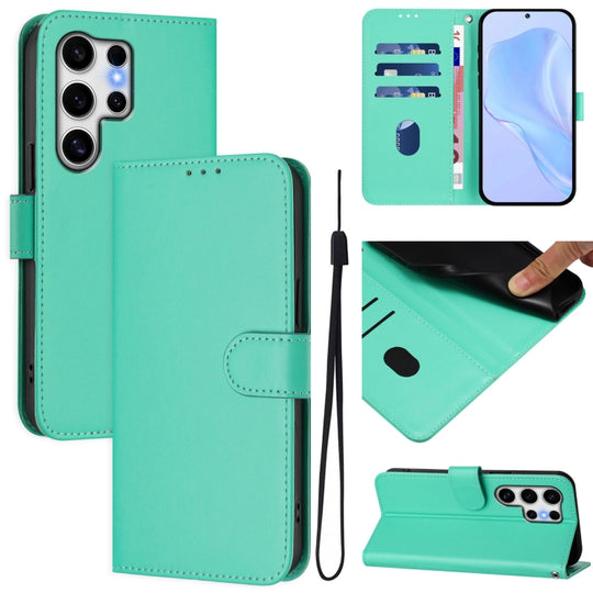 For Samsung Galaxy S25 Ultra 5G Skin Feel Solid Color Leather Phone Case with Lanyard(Green)