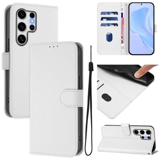 For Samsung Galaxy S25 Ultra 5G Skin Feel Solid Color Leather Phone Case with Lanyard(White)