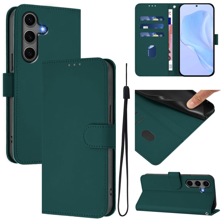For Samsung Galaxy S25+ 5G Skin Feel Solid Color Leather Phone Case with Lanyard(Dark Green) by buy2fix
