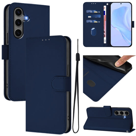 For Samsung Galaxy S25+ 5G Skin Feel Solid Color Leather Phone Case with Lanyard(Navy Blue) by buy2fix