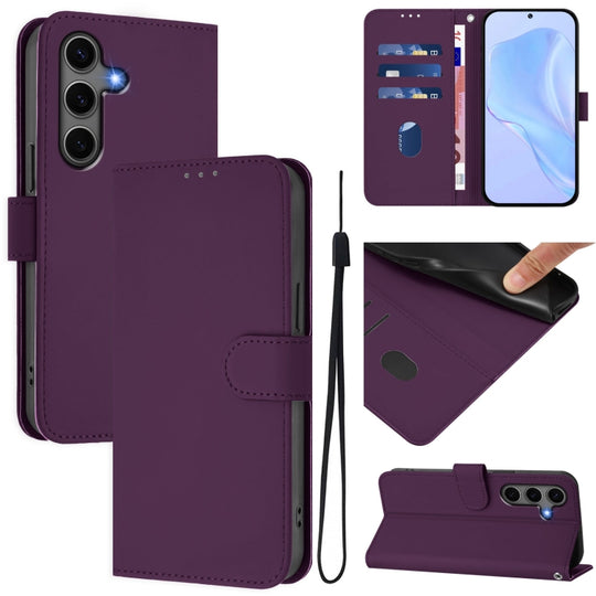 For Samsung Galaxy S25+ 5G Skin Feel Solid Color Leather Phone Case with Lanyard(Violet)