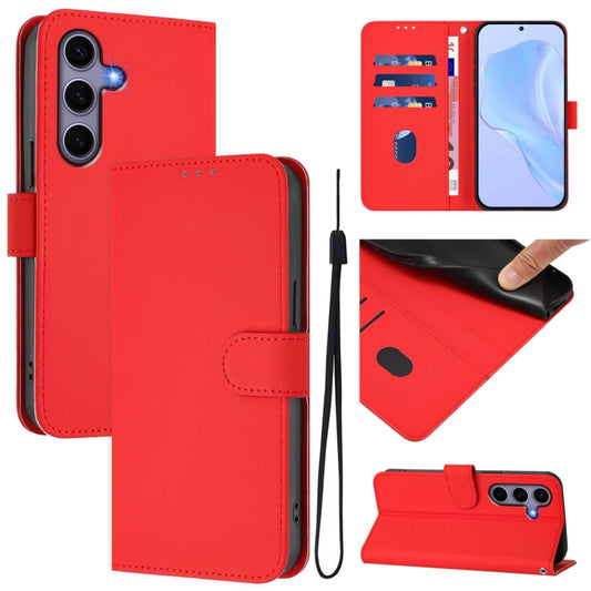 For Samsung Galaxy S25 5G Skin Feel Solid Color Leather Phone Case with Lanyard(Red) - Galaxy S25 5G Cases by buy2fix | Online Shopping UK | buy2fix