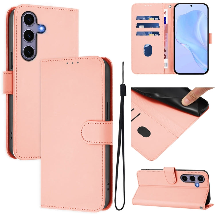 For Samsung Galaxy S25 5G Skin Feel Solid Color Leather Phone Case with Lanyard(Pink) - Galaxy S25 5G Cases by buy2fix | Online Shopping UK | buy2fix