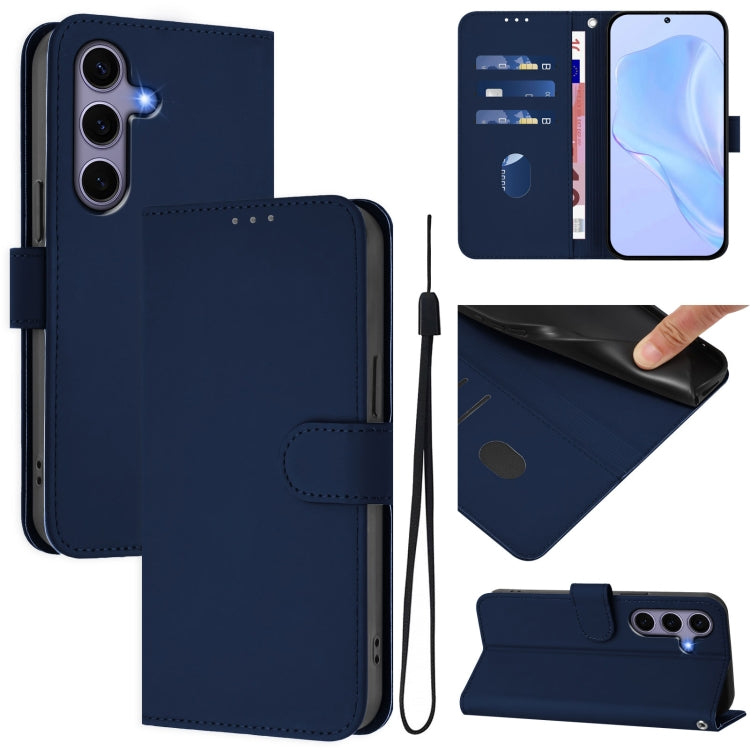 For Samsung Galaxy S25 5G Skin Feel Solid Color Leather Phone Case with Lanyard(Navy Blue) by buy2fix
