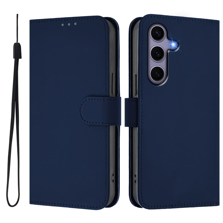 For Samsung Galaxy S25 5G Skin Feel Solid Color Leather Phone Case with Lanyard(Navy Blue) by buy2fix