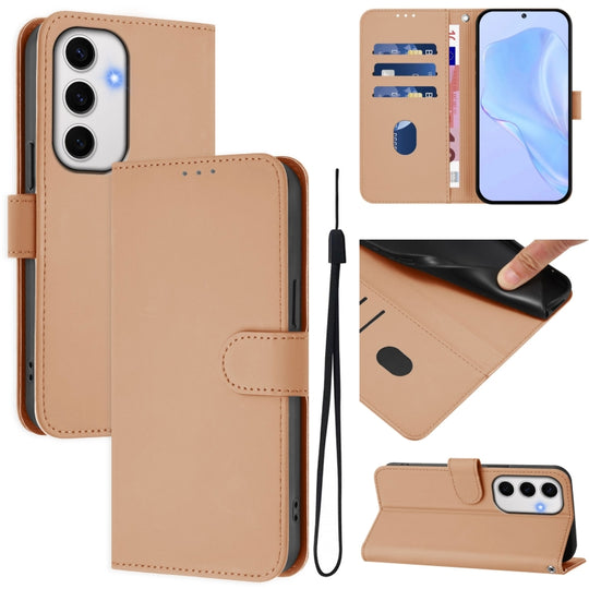 For Samsung Galaxy S24 FE 5G Skin Feel Solid Color Leather Phone Case with Lanyard(Nude)