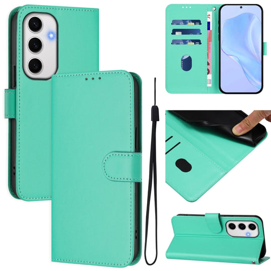 For Samsung Galaxy S24 FE 5G Skin Feel Solid Color Leather Phone Case with Lanyard(Green)
