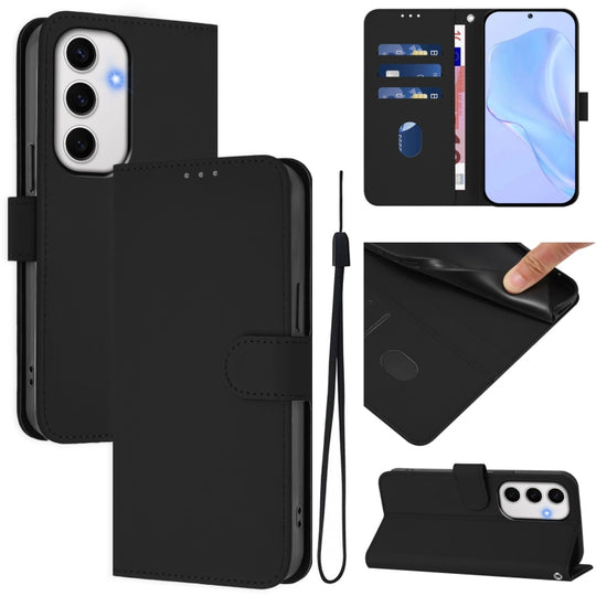 For Samsung Galaxy S24 FE 5G Skin Feel Solid Color Leather Phone Case with Lanyard(Black)