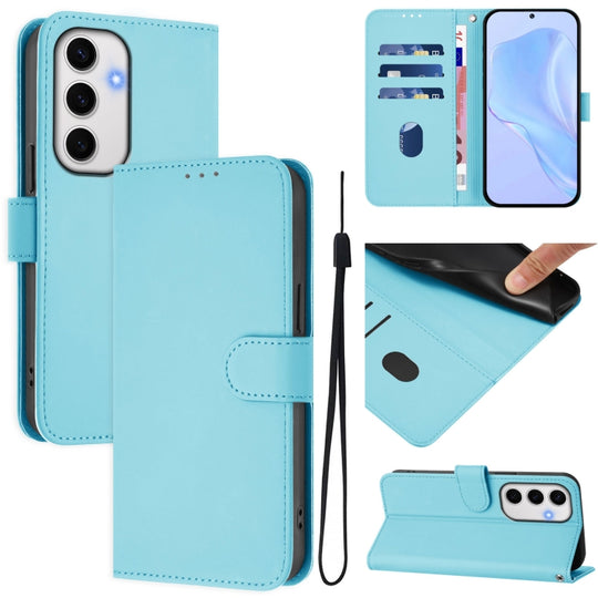 For Samsung Galaxy S24 FE 5G Skin Feel Solid Color Leather Phone Case with Lanyard(Sky Blue)
