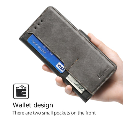 For iPhone 16 Plus Contrast Color Side Buckle Leather Phone Case(Black + Grey) by buy2fix