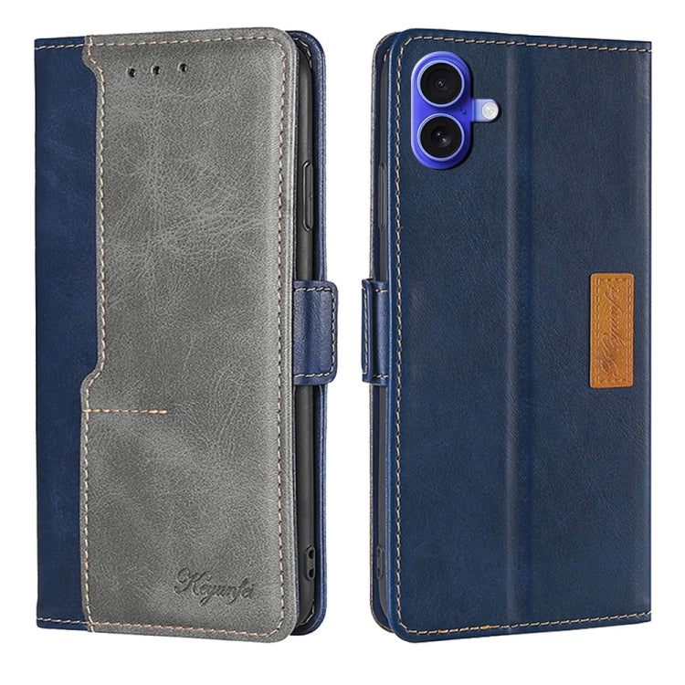 For iPhone 16 Plus Contrast Color Side Buckle Leather Phone Case(Blue + Grey) by buy2fix