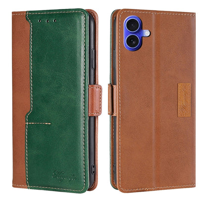 For iPhone 16 Plus Contrast Color Side Buckle Leather Phone Case(Light Brown + Green) by buy2fix