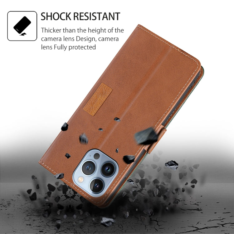 For iPhone 16 Plus Contrast Color Side Buckle Leather Phone Case(Light Brown + Green) by buy2fix