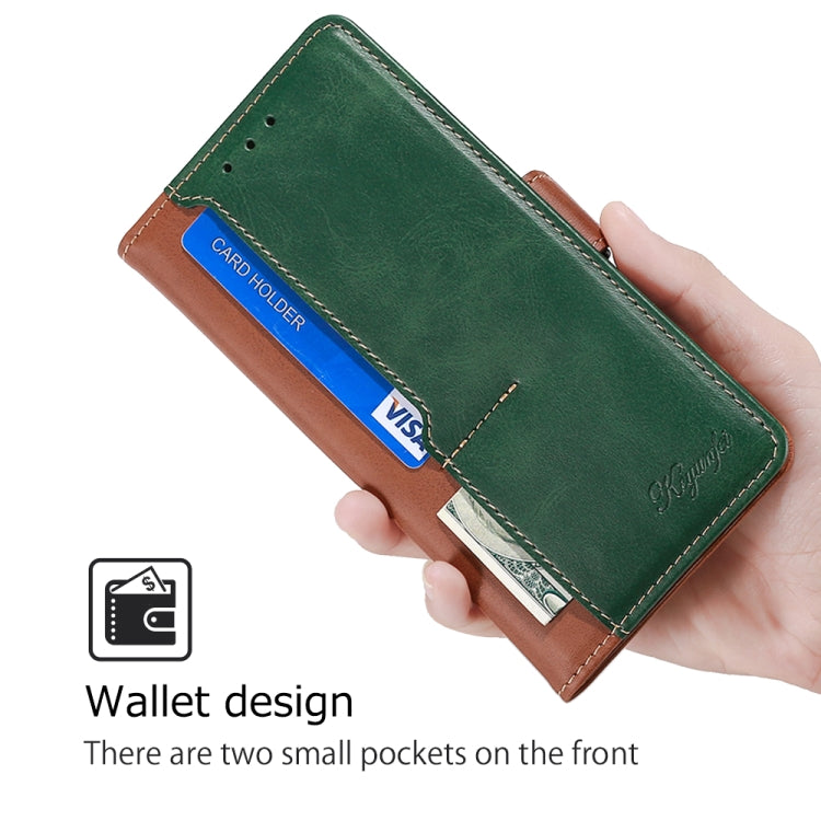 For iPhone 16 Plus Contrast Color Side Buckle Leather Phone Case(Light Brown + Green) by buy2fix