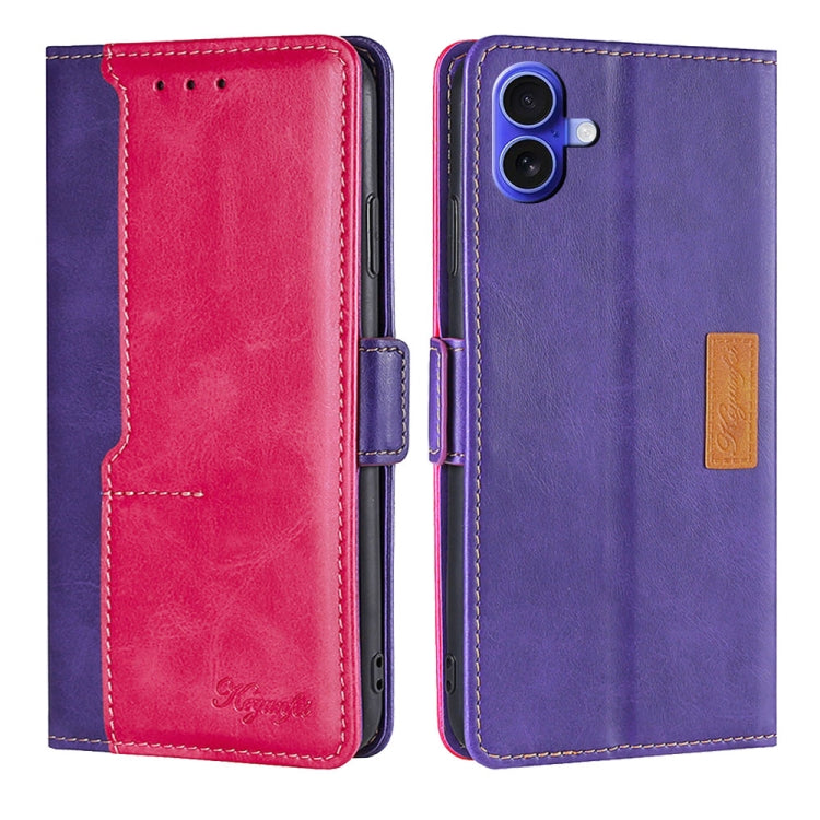 For iPhone 16 Plus Contrast Color Side Buckle Leather Phone Case(Purple + Rose Red) by buy2fix