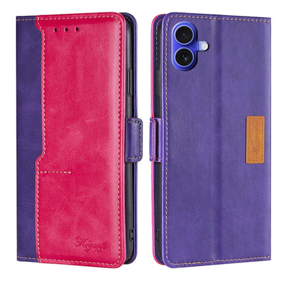 For iPhone 16 Plus Contrast Color Side Buckle Leather Phone Case(Purple + Rose Red) by buy2fix