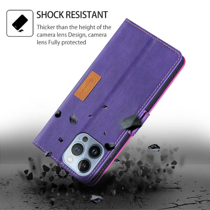 For iPhone 16 Plus Contrast Color Side Buckle Leather Phone Case(Purple + Rose Red) by buy2fix