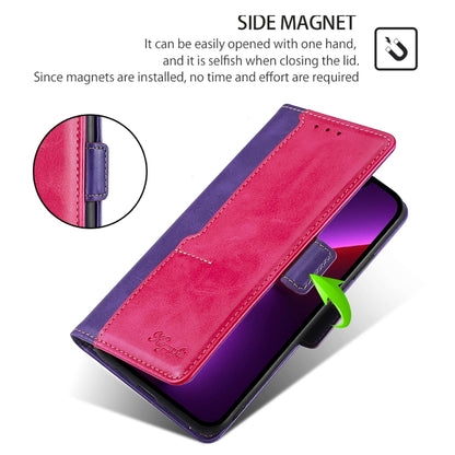 For iPhone 16 Plus Contrast Color Side Buckle Leather Phone Case(Purple + Rose Red) by buy2fix