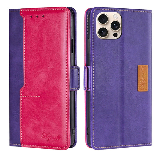 For iPhone 16 Pro Contrast Color Side Buckle Leather Phone Case(Purple + Rose Red) - iPhone 16 Pro Cases by buy2fix | Online Shopping UK | buy2fix