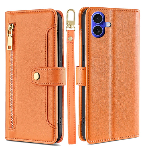 For iPhone 16 Sheep Texture Cross-body Zipper Wallet Leather Phone Case(Orange) - iPhone 16 Cases by buy2fix | Online Shopping UK | buy2fix