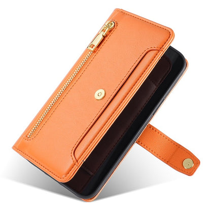 For iPhone 16 Sheep Texture Cross-body Zipper Wallet Leather Phone Case(Orange) - iPhone 16 Cases by buy2fix | Online Shopping UK | buy2fix