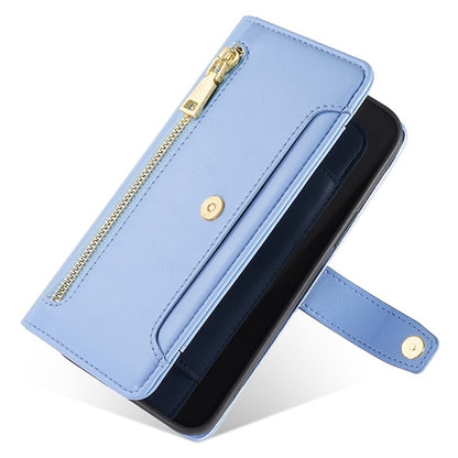 For iPhone 16 Sheep Texture Cross-body Zipper Wallet Leather Phone Case(Blue) - iPhone 16 Cases by buy2fix | Online Shopping UK | buy2fix