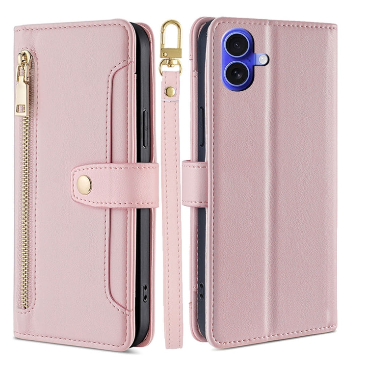 For iPhone 16 Sheep Texture Cross-body Zipper Wallet Leather Phone Case(Pink) by buy2fix