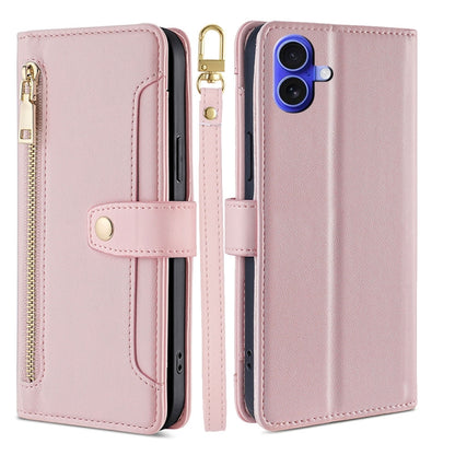 For iPhone 16 Sheep Texture Cross-body Zipper Wallet Leather Phone Case(Pink) by buy2fix