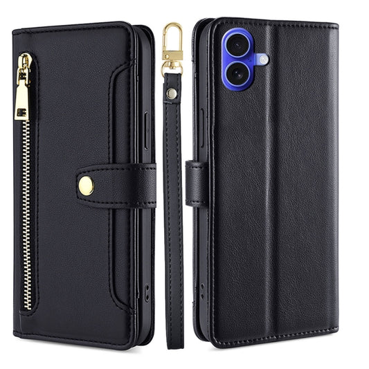 For iPhone 16 Plus Sheep Texture Cross-body Zipper Wallet Leather Phone Case(Black) - iPhone 16 Plus Cases by buy2fix | Online Shopping UK | buy2fix