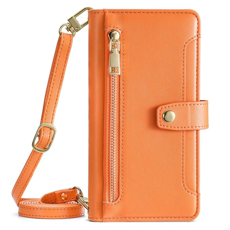 For iPhone 16 Plus Sheep Texture Cross-body Zipper Wallet Leather Phone Case(Orange) - iPhone 16 Plus Cases by buy2fix | Online Shopping UK | buy2fix