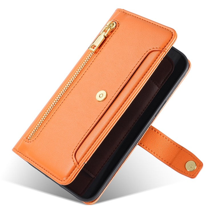 For iPhone 16 Plus Sheep Texture Cross-body Zipper Wallet Leather Phone Case(Orange) - iPhone 16 Plus Cases by buy2fix | Online Shopping UK | buy2fix