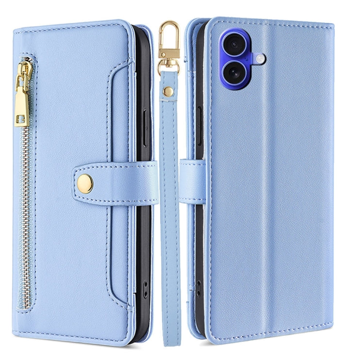 For iPhone 16 Plus Sheep Texture Cross-body Zipper Wallet Leather Phone Case(Blue) by buy2fix