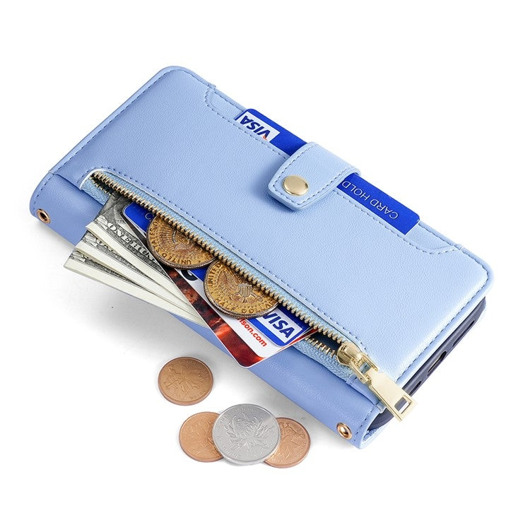 For iPhone 16 Plus Sheep Texture Cross-body Zipper Wallet Leather Phone Case(Blue) by buy2fix