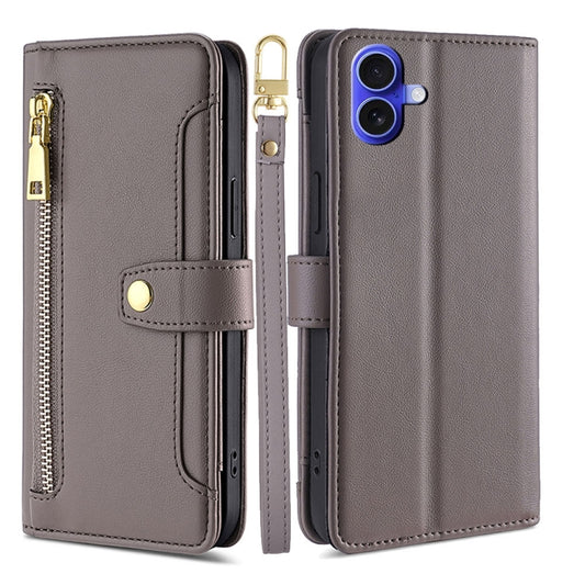 For iPhone 16 Plus Sheep Texture Cross-body Zipper Wallet Leather Phone Case(Grey) - iPhone 16 Plus Cases by buy2fix | Online Shopping UK | buy2fix