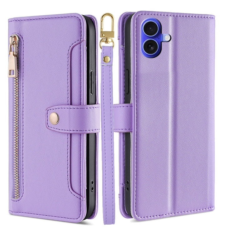 For iPhone 16 Plus Sheep Texture Cross-body Zipper Wallet Leather Phone Case(Purple) - iPhone 16 Plus Cases by buy2fix | Online Shopping UK | buy2fix