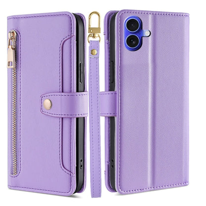 For iPhone 16 Plus Sheep Texture Cross-body Zipper Wallet Leather Phone Case(Purple) - iPhone 16 Plus Cases by buy2fix | Online Shopping UK | buy2fix
