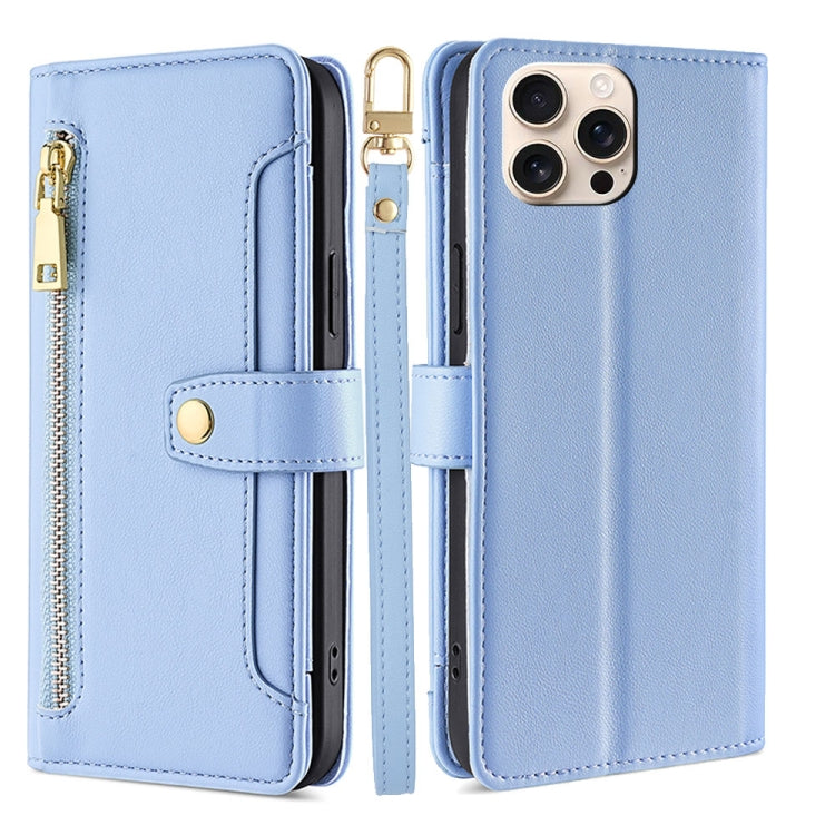 For iPhone 16 Pro Sheep Texture Cross-body Zipper Wallet Leather Phone Case(Blue) - iPhone 16 Pro Cases by buy2fix | Online Shopping UK | buy2fix