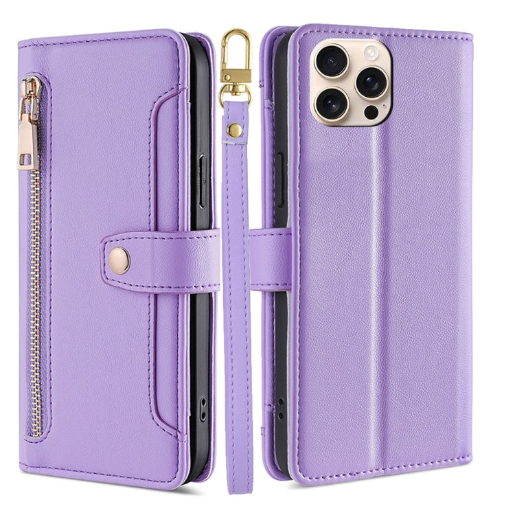 For iPhone 16 Pro Sheep Texture Cross-body Zipper Wallet Leather Phone Case(Purple) - iPhone 16 Pro Cases by buy2fix | Online Shopping UK | buy2fix