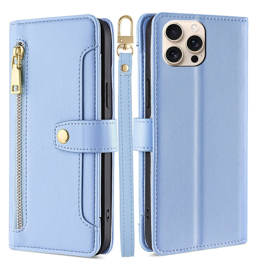For iPhone 16 Pro Max Sheep Texture Cross-body Zipper Wallet Leather Phone Case(Blue) - iPhone 16 Pro Max Cases by buy2fix | Online Shopping UK | buy2fix