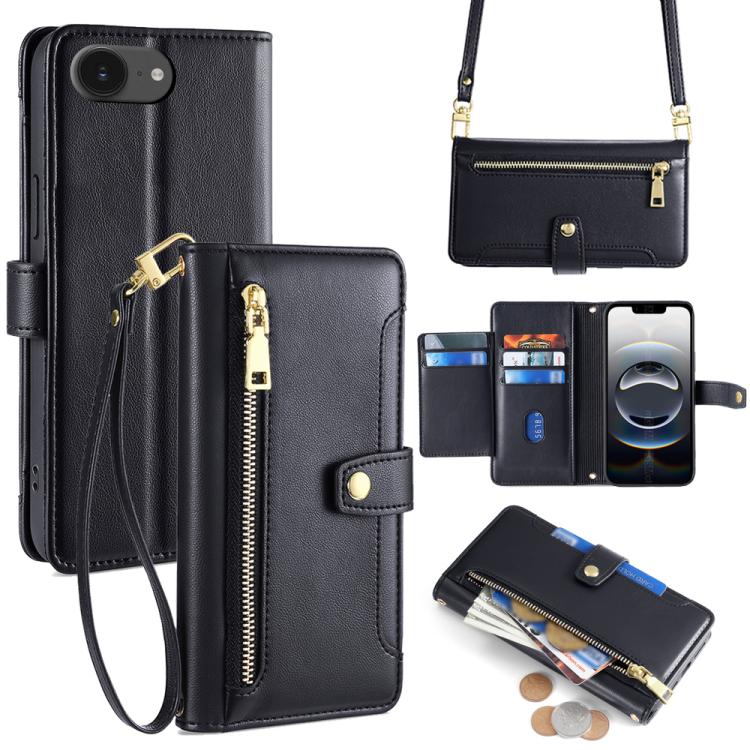 For iPhone 16e Sheep Texture Cross-body Zipper Wallet Leather Phone Case(Black) - iPhone 16e Cases by buy2fix | Online Shopping UK | buy2fix